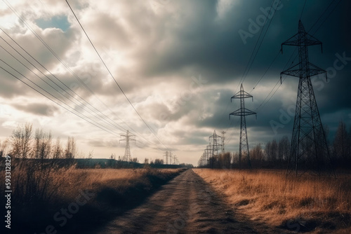 View of power lines and towers at setting sun with clouds. High quality generative ai