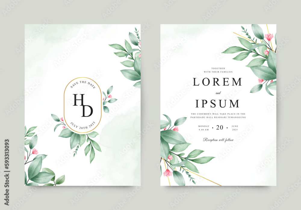 Beautiful wedding invitation with green leaves and golden frame