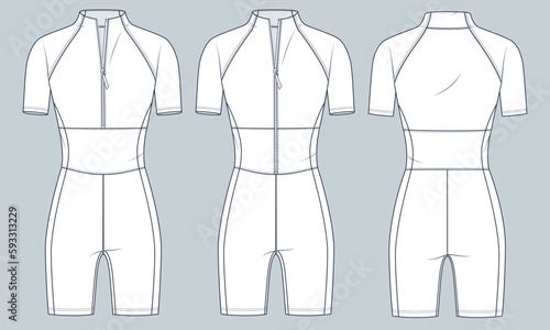 Sports Bodysuit technical fashion illustration. Swimsuit fashion flat technical drawing template, slim fit, short sleeve, front and back view, women, men, unisex CAD mockup set.