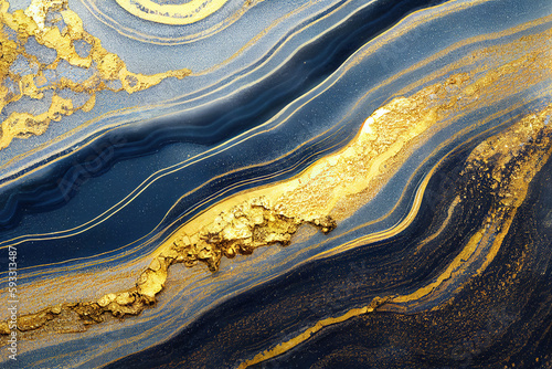 Blue and golden acrylic liquid ink swirl abstract background with ravishing turbulence wavy pattern and detailed texture. Luxury fluid liquid art by Generative AI.