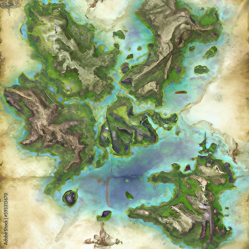 Fantasy Map With Islands, Creatures, And Vegetation, Generative AI