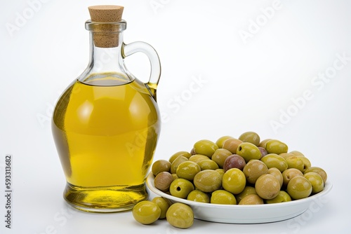 On a white background, olive oil in a transparent glass container and green olives with leaves are seen. Generative AI