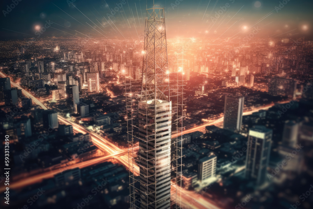 Obraz premium Cell phone or broadcast transmitter antenna tower with cityscape background, with connections concept, high quality generative ai