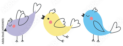 Set of bright cute colorful birds with spring flowers. Vector birds are drawn in a modern style. Illustrations for postcard, banner and poster templates