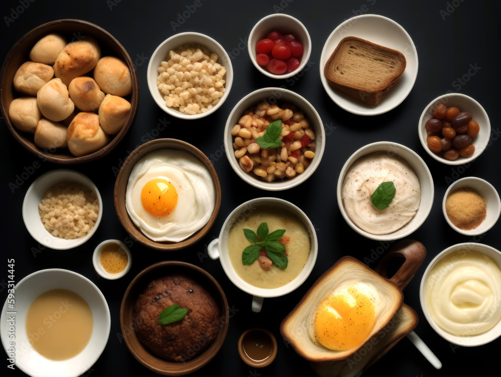 A table topped with bowls of food and bowls of soups and breads and muffins and a bowl of fruit A table topped with bowls of food and bowls of soups and breads and muffins and a bowl of fruit