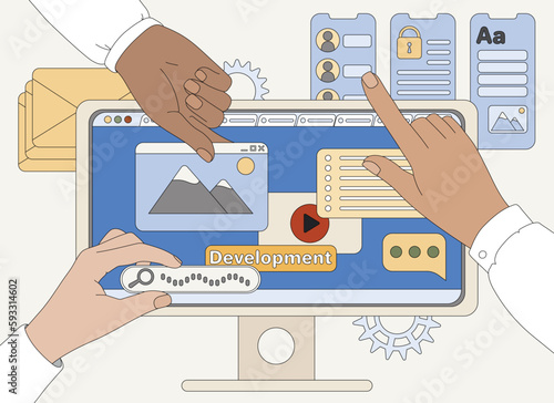 Flat vector hands of programmers working on website, banner, coding web page or mobile app. Team of designers create ux design, holding ui template. Cms development. Landing page and research concept.