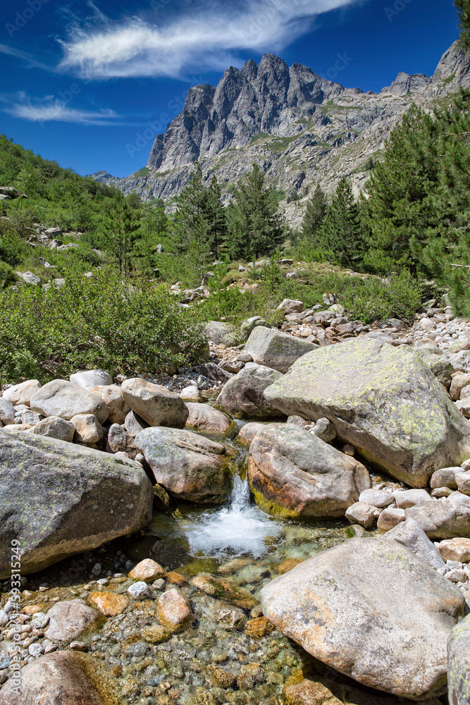 Scenic view in Restonica valley. Landscape view of the peaks of the Restonica mountains, Lac du Melu, Corsica island, France