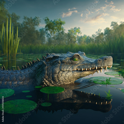 alligator inside the lake with plants around