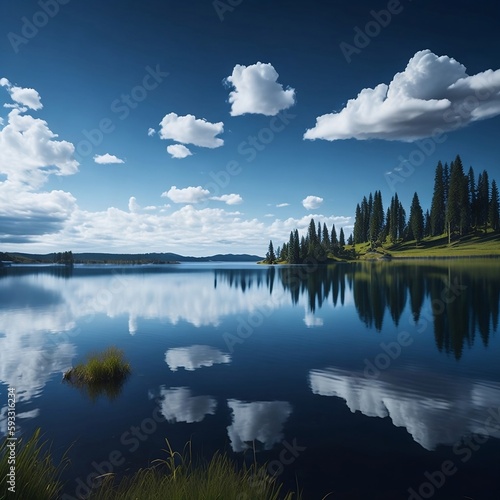 A serene lake reflecting the blue sky and fluffy white clouds overheadGenerative AI