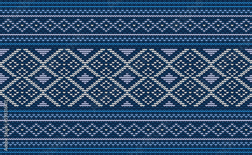 Design knit pattern vector, Cross stitch ethnic Boho background, Embroidery diagonal oriental style, Blue pattern template decorative, Design for textile, fabric, curtain, rug, aprons