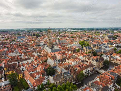 Aerial vIew by drone. Summer. Brugge, Belgium.