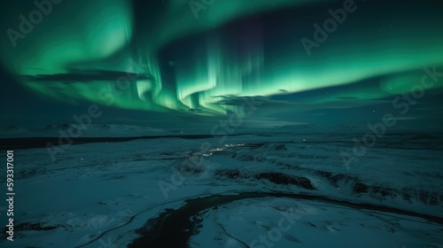 Aurora borealis, northern lights in Iceland. Couple looking at aurora borealis - Generative AI © Mrs__DoubleF