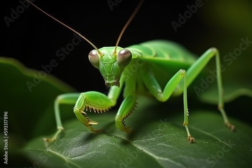 macro photography of a mantis on a leaf. close up. Green on green . Generative AI © losmostachos