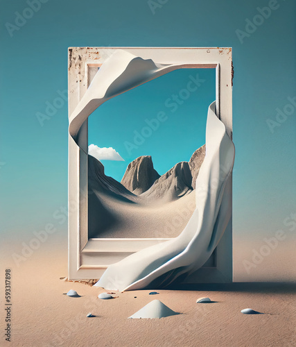 white old frame in the desert with a portal to another world. Generative AI
