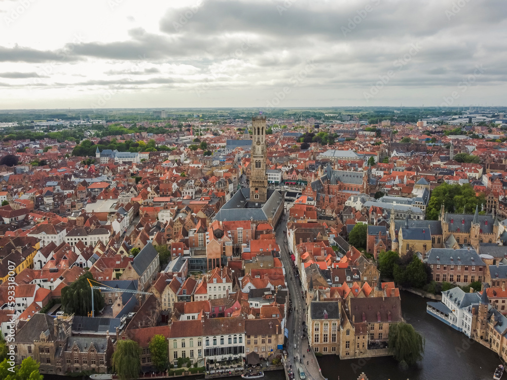 Aerial vIew by drone. Summer. Brugge, Belgium.
