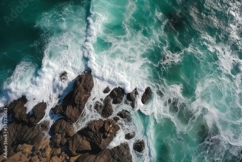 cliff with waves and white foam. drone photography - Generative AI