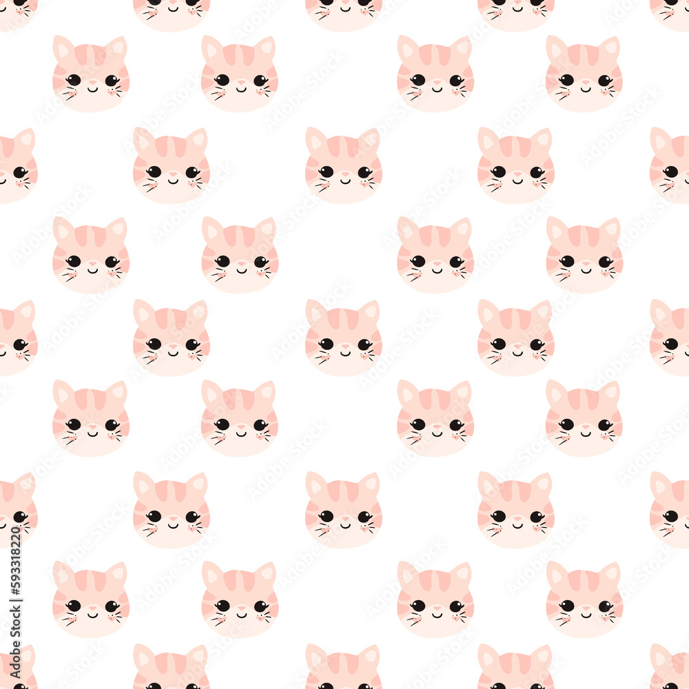 Seamless pattern with cute pink kitten