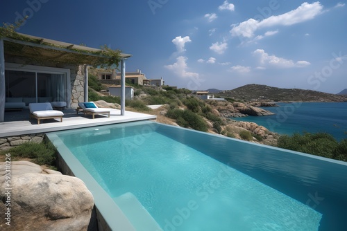 house standing on the rock above the sea with terrace and swimming pool during day - Generative AI