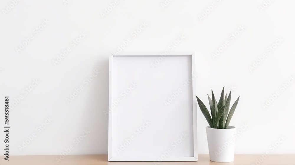 Empty square frame mockup in modern minimalist interior with plant on white wall background. AI generated Empty square frame mockup in modern minimalist interior with plant on white wall background. AI generated