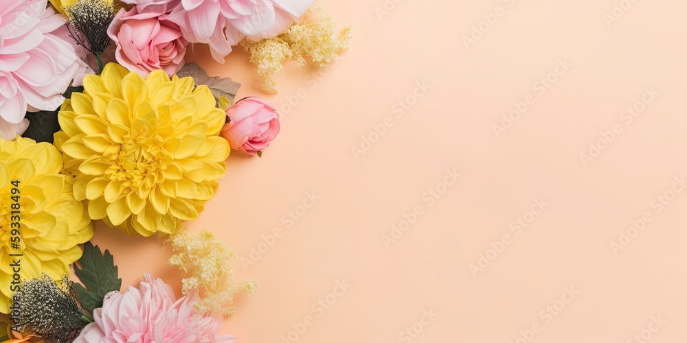 Flower setup on a solid background, with copy space, generative ai