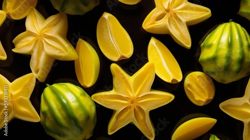 Starfruit  whole and halved  flat lay or top view  AI generative