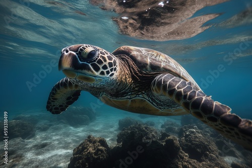 Green sea turtle (chelonia mydas) swimming under water - generative AI © Mrs__DoubleF