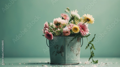 Spring Flowers in a Metallic Bucket with Blue and Green Gradient Background - Holiday and Mothers Day Themed - Generative AI