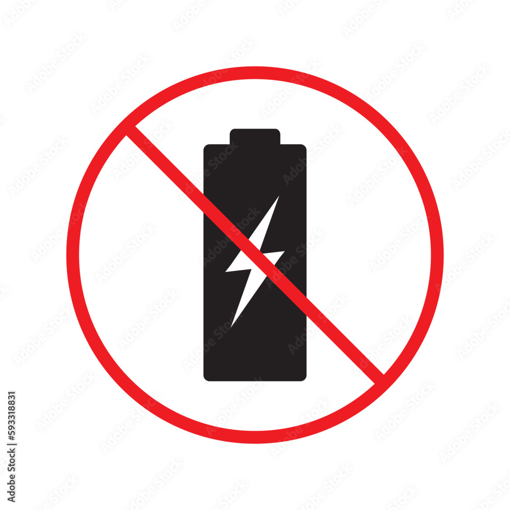 Forbidden charging vector icon. No charge vector flat sign design. Prohibited high voltage icon. Warning, caution, attention, restriction, label ban danger. No electricity battery symbol pictogram Forbidden charging vector icon. No charge vector flat sign design. Prohibited high voltage icon. Warning, caution, attention, restriction, label ban danger. No electricity battery symbol pictogram