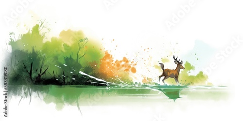 Abstract colorful watercolor art of a stag in nature, generative ai