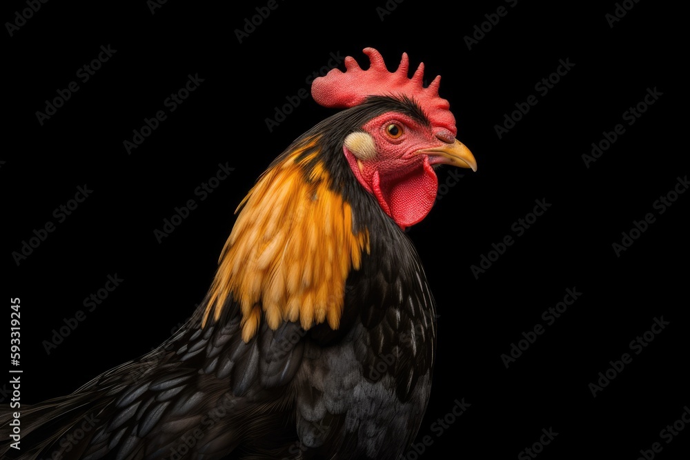 A chicken in close-up with its recognizable red crest and golden yellow neck feathers. Generative AI
