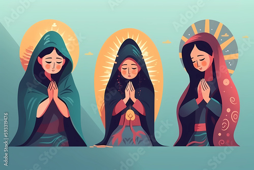 A cartoon of three praying women with the words jesus on the bottom. Generative AI photo