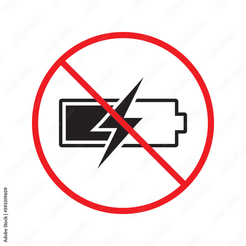 Forbidden charging vector icon. No charge vector flat sign design. Prohibited high voltage icon. Warning, caution, attention, restriction, label ban danger. No electricity battery symbol pictogram Forbidden charging vector icon. No charge vector flat sign design. Prohibited high voltage icon. Warning, caution, attention, restriction, label ban danger. No electricity battery symbol pictogram