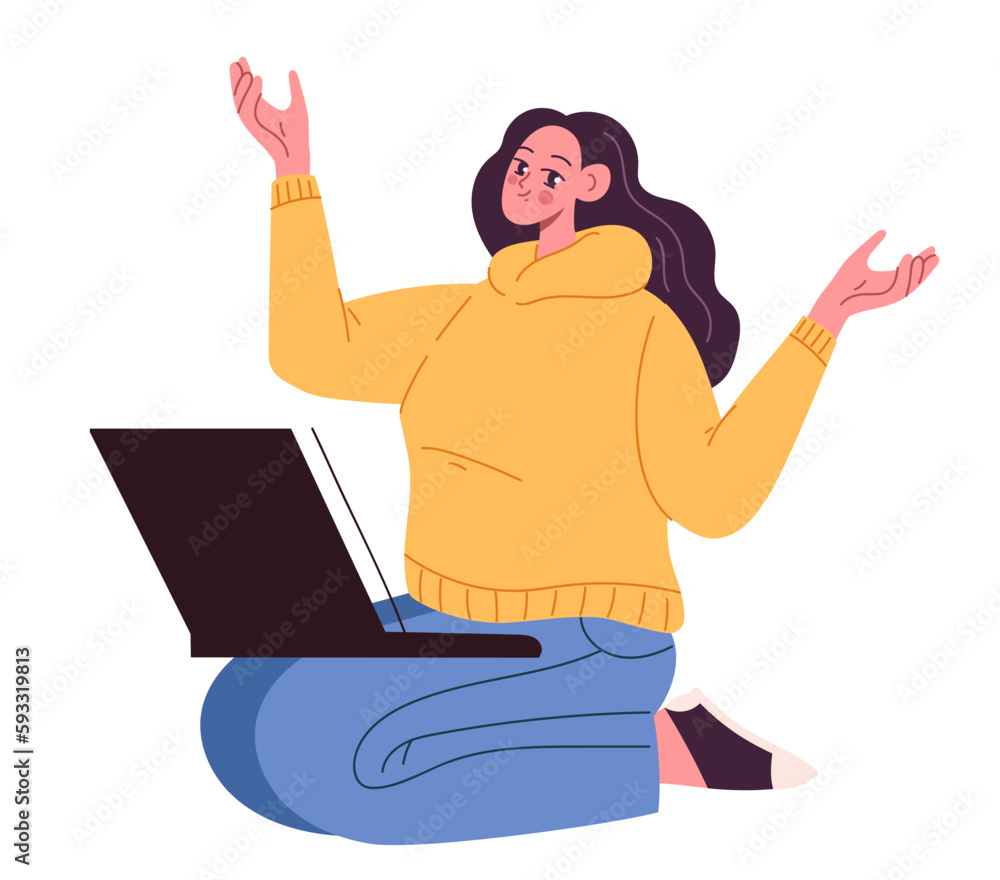 Woman work on laptop computer concept. Vector cartoon graphic design element illustration