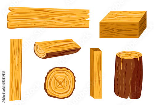 Tree trunk log wood piece stump timber wooden plank isolated set. Vector cartoon graphic design element illustration