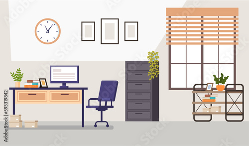 Office interior space workspace modern desk concept. Vector cartoon graphic design element illustration