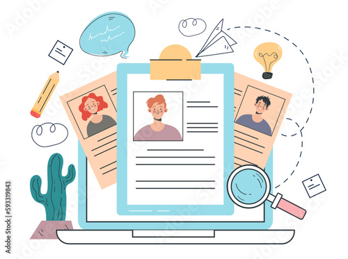 Recruit job employee hr hire search interview resume concept. Vector cartoon graphic design element illustration