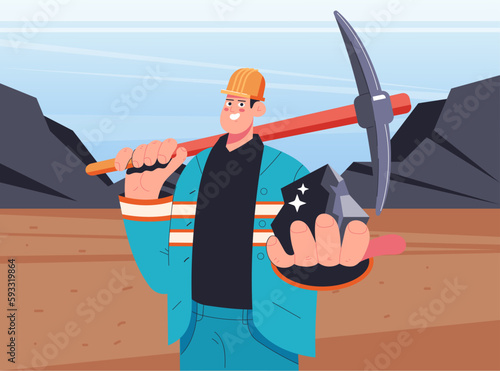 Mine industry coal construction quarry engineer worker miner concept. Vector cartoon graphic design element illustration