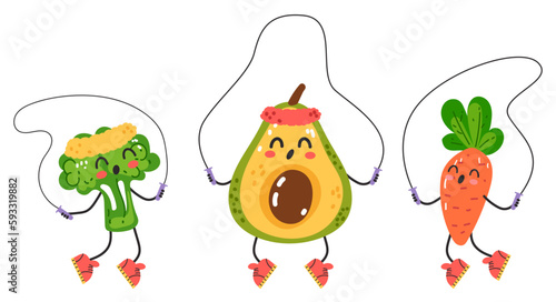 Sport cute vegetable doing workout exercise gym isolated set. Vector cartoon graphic design element illustration
