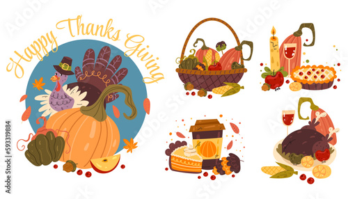 Autumn thanksgiving harvest fall turkey isolated set. Vector cartoon graphic design element illustration