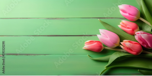 Tulip border with copy  ad space. Beautiful frame composition of spring flowers. Bouquet of  pink tulips flowers on green vintage wooden background