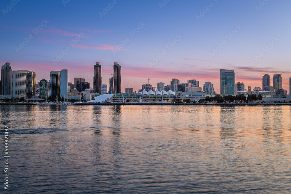 Sunrise and the San Diego skyline from Coronado Island