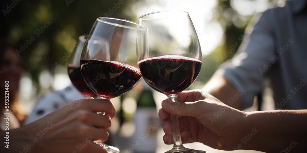 hands clinking glasses with wine on a sunny day, concept of Socializing outdoors and Celebration rituals, created with Generative AI technology