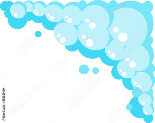 Cartoon soap foam set with bubbles. Light blue suds of bath, shampoo, shaving, mousse.