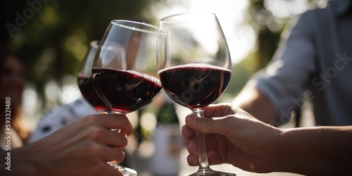 hands clinking glasses with wine on a sunny day, concept of Socializing outdoors and Celebration rituals, created with Generative AI technology