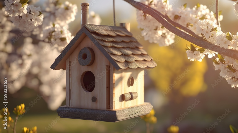 wunderschönes Vogelhaus im frühling für die Vögel zum nisten an einem Baum im Garten, Natur, generative AI