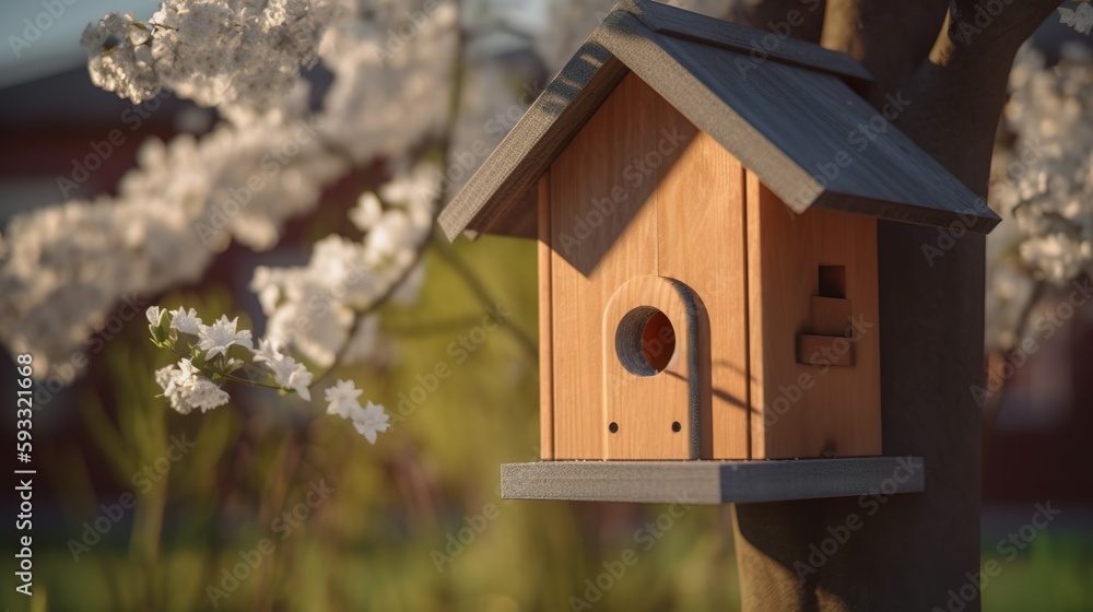 wunderschönes Vogelhaus im frühling für die Vögel zum nisten an einem Baum im Garten, Natur, generative AI