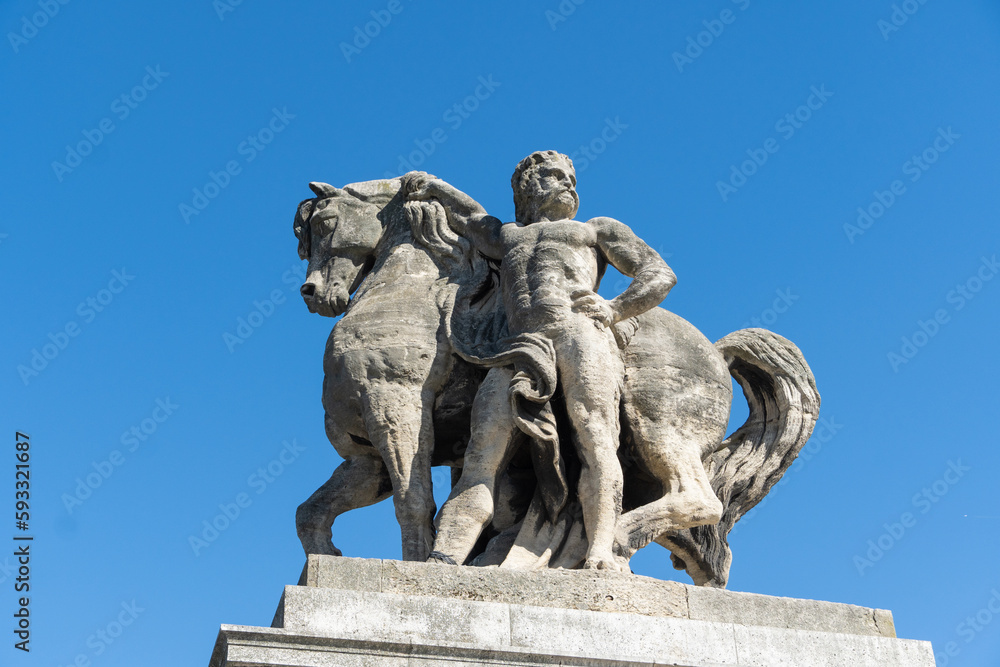 French historic statue of Charlemagne et ses Leudes and horse on the streets by Pont d'lena of Paris, France
