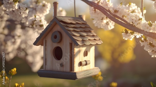 wunderschönes Vogelhaus im frühling für die Vögel zum nisten an einem Baum im Garten, Natur, generative AI © Sönke Hayen