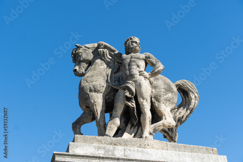 French historic statue of Charlemagne et ses Leudes and horse on the streets by Pont d'lena of Paris, France