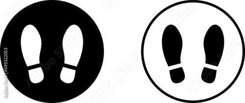 Black and White Please Wait Here Thank You Social Distancing Round Floor Marking Sticker Icon with Footprint or Shoeprint. Vector Image.	
